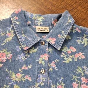 Vtg 90s Floral Short Sleeve Button Up Denim Shirt Wms Large Grandmacore Cottage